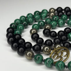 Malachite, Black Onyx & Pyrite Hand Knotted Mala 8mm | 108 Bead | Japa Mala | Prayer Beads | Meditation Necklace| Mantra and Reiki Infused