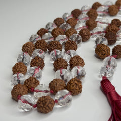 Faceted Clear Quartz Rudraksha Hand Knotted Mala 10mm 108 Bead | Prayer Beads | Meditation Necklace | Mantra, Sound and Reiki Infused