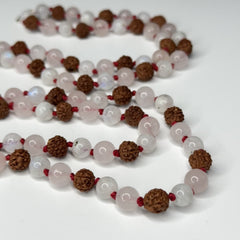 Rudraksha, Rose Quartz & Moonstone Hand Knotted Mala 10mm 108 Bead | Prayer Beads | Meditation Necklace | Mantra, Sound and Reiki Infused