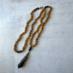 Palo Santo Onyx Obsidian Protection Hand Knotted Mala 8mm 108 Beads | Prayer Beads | Meditation Necklace | Mantra, Sound & Reiki Infused