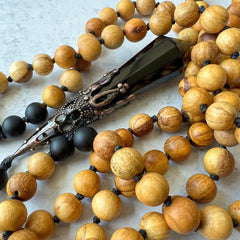 Palo Santo Onyx Obsidian Protection Hand Knotted Mala 8mm 108 Beads | Prayer Beads | Meditation Necklace | Mantra, Sound & Reiki Infused